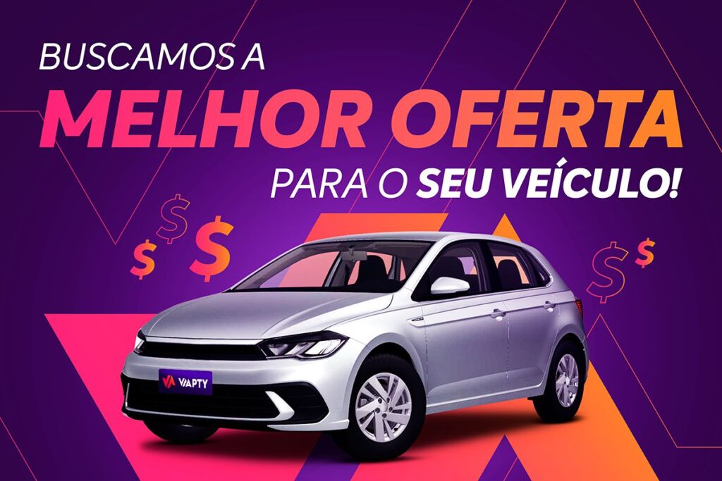 Carro prata em destaque com o fundo roxo e ícones de sifrão com a frase "Buscamos a melhor oferta para o seu veículo"